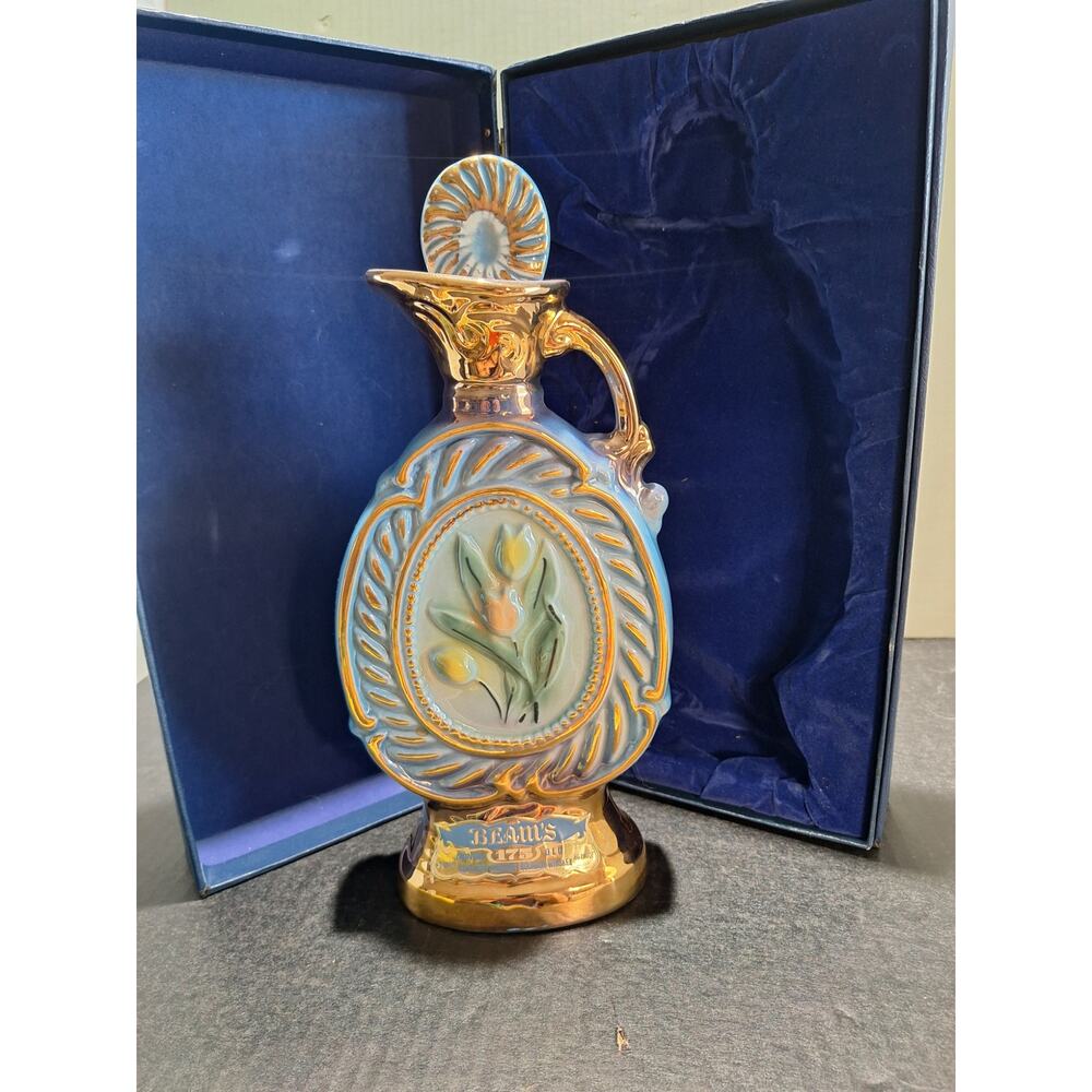 Jim Beam 175 Months Old Bourbon Whiskey Decanter Blue Floral Pitcher Box Cork NM